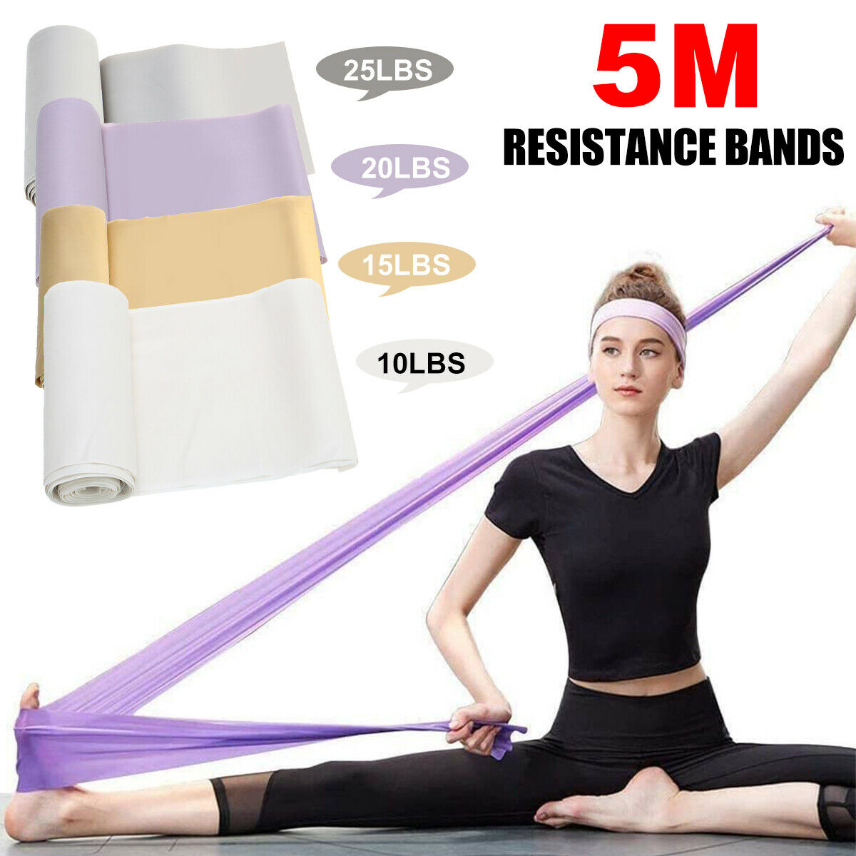 5M Elastic Yoga Pilates Rubber Stretch Resistance Exercise Bands Fitness –  Hashdirect